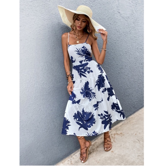 White Dress Blue Floral Print Midi Cut Out Back - Picture 3 of 10